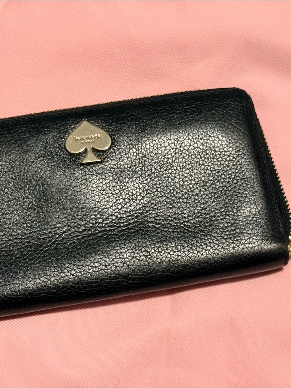 kate spade Black Leather Zip Wallet with Spade Emblem